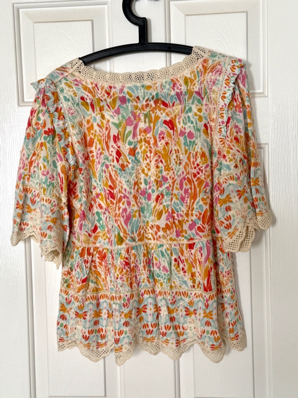 Democracy Floral Crochet-Trim Peasant Blouse in Pastel Multi - Picture 3 of 13